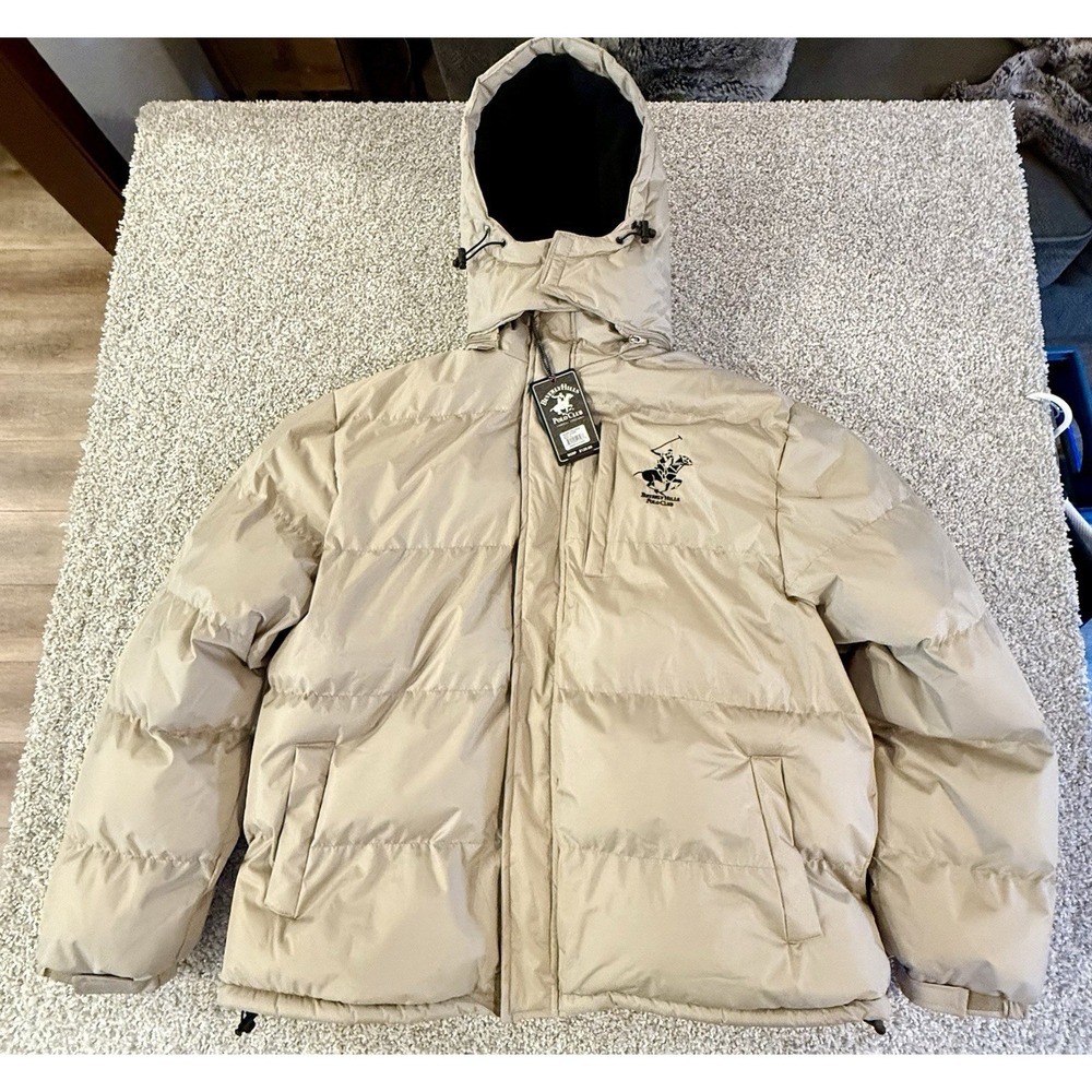 Beverly Hills Polo Club Puffer Jacket Men's XL khaki Faux Fur Hooded PMJ20OS